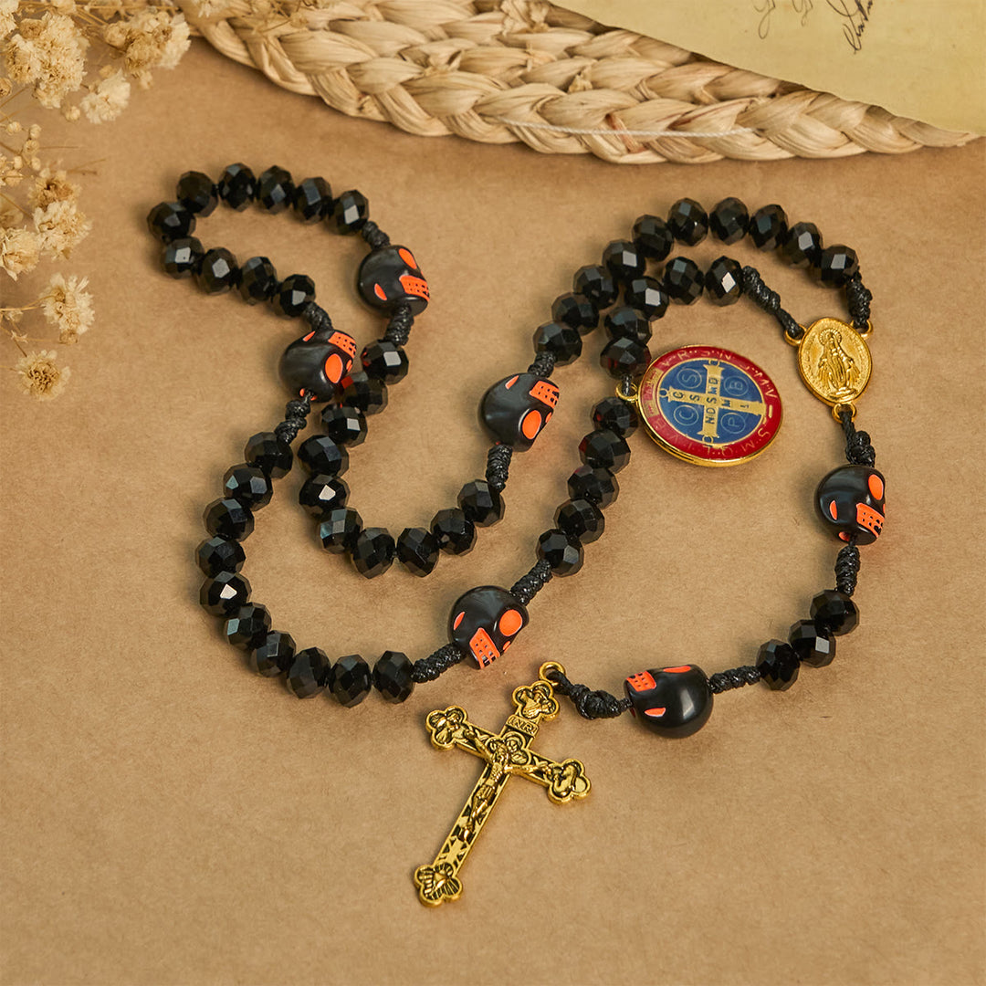 Christianartworkshop Gothic Style Rosary: Black Skull Design with Golden Crucifix - Black Halloween - Themed Rosary - image 0
