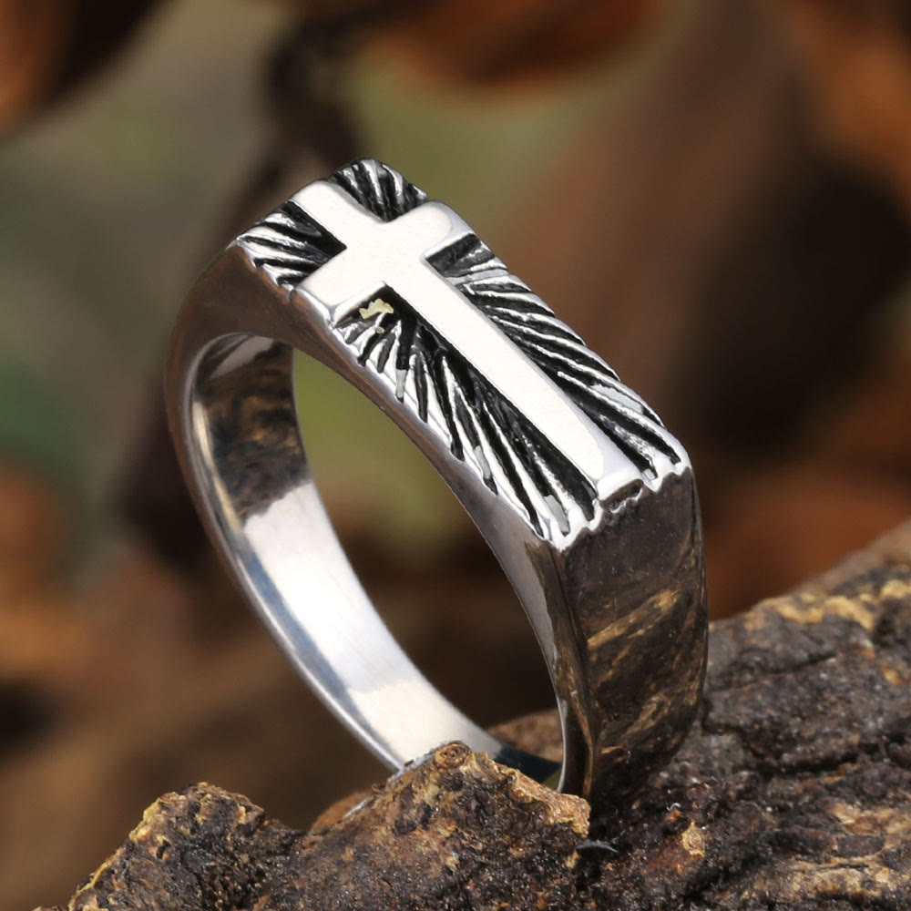 Christianartworkshop Edgy Religious Cross Ring: Stainless Steel with Radiant Detailing - Silver - US 13 - image 0
