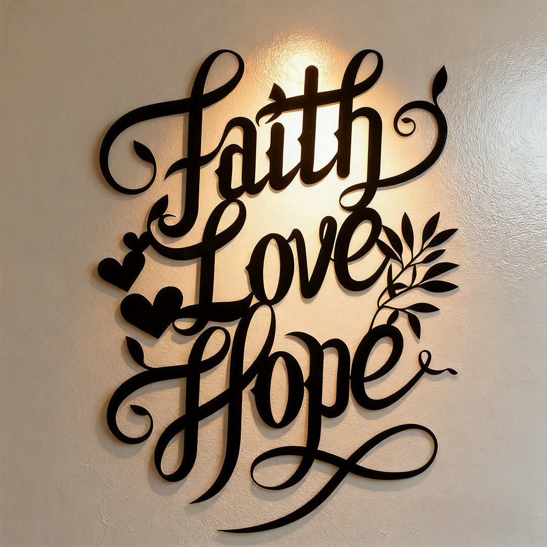 Christianartworkshop Faith Love Hope Script Metal Wall Decor with Heart & Leaf Accents - Black - 11.81''*15.74''/30*40cm - image 0