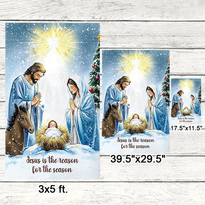 Christianartworkshop Rustic Style Nativity Scene Garden Flag with Holy Family: Embrace Christ's Miracle - image 1