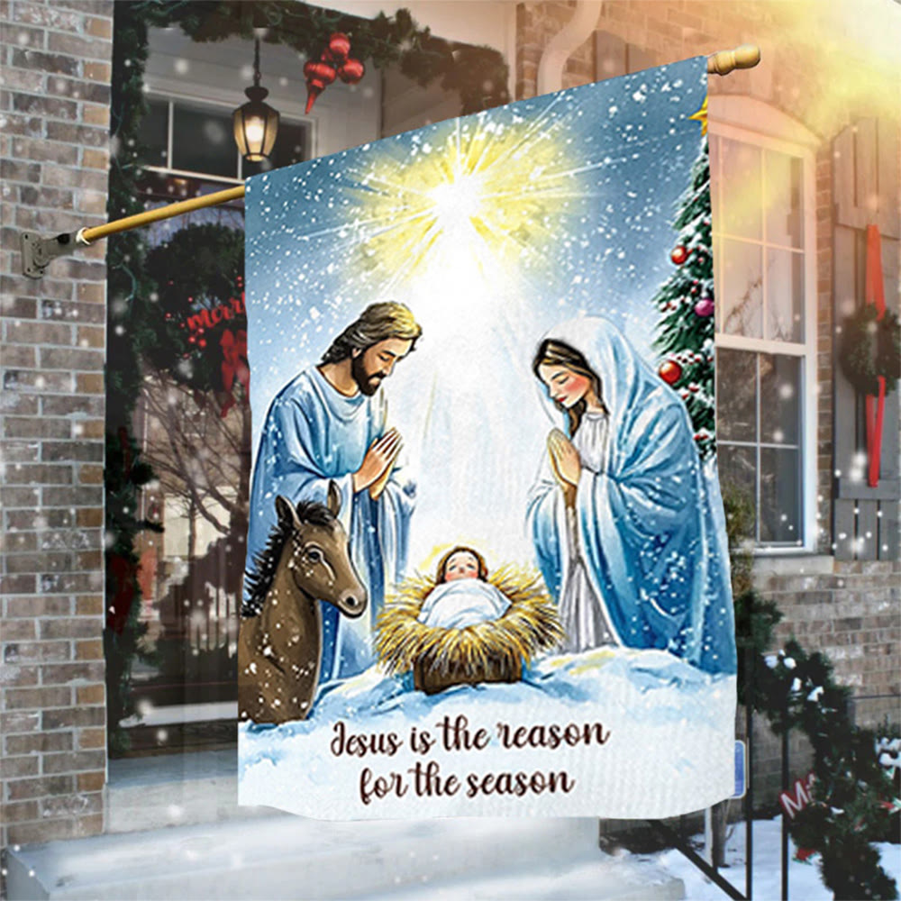 Christianartworkshop Rustic Style Nativity Scene Garden Flag with Holy Family: Embrace Christ's Miracle - image 4