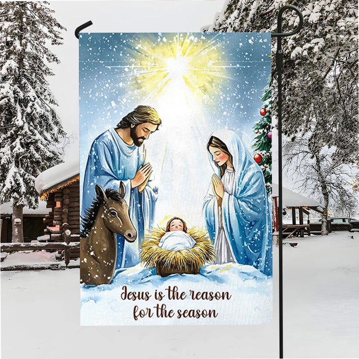 Christianartworkshop Rustic Style Nativity Scene Garden Flag with Holy Family: Embrace Christ's Miracle - image 3