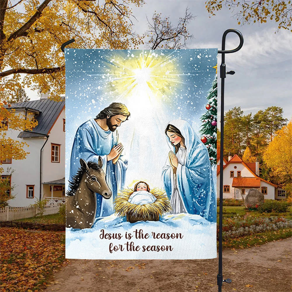 Christianartworkshop Rustic Style Nativity Scene Garden Flag with Holy Family: Embrace Christ's Miracle - image 2