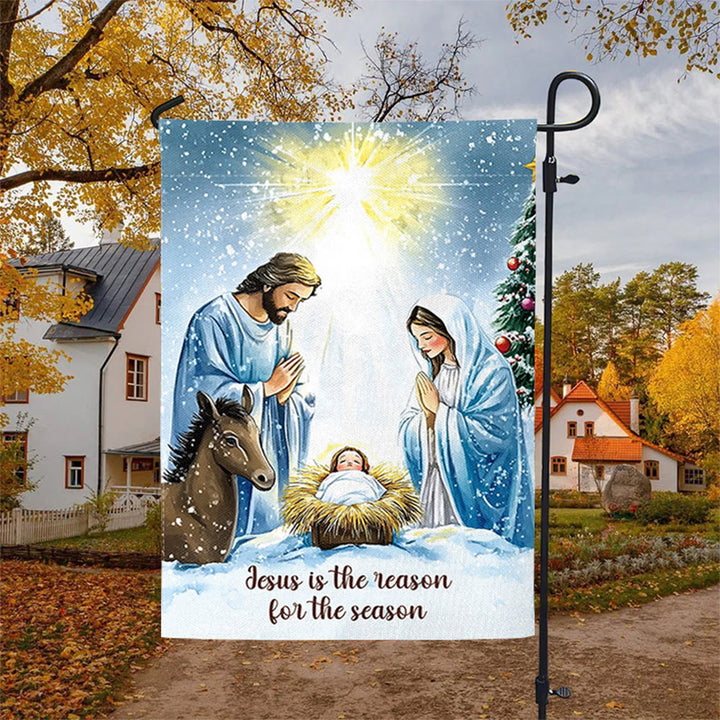 Christianartworkshop Rustic Style Nativity Scene Garden Flag with Holy Family: Embrace Christ's Miracle - image 2