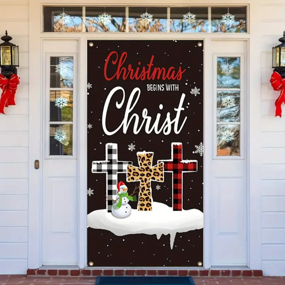 Christianartworkshop Festive Christmas Begins With Christ Door Banner: Plaid/Leopard Cross - image 3