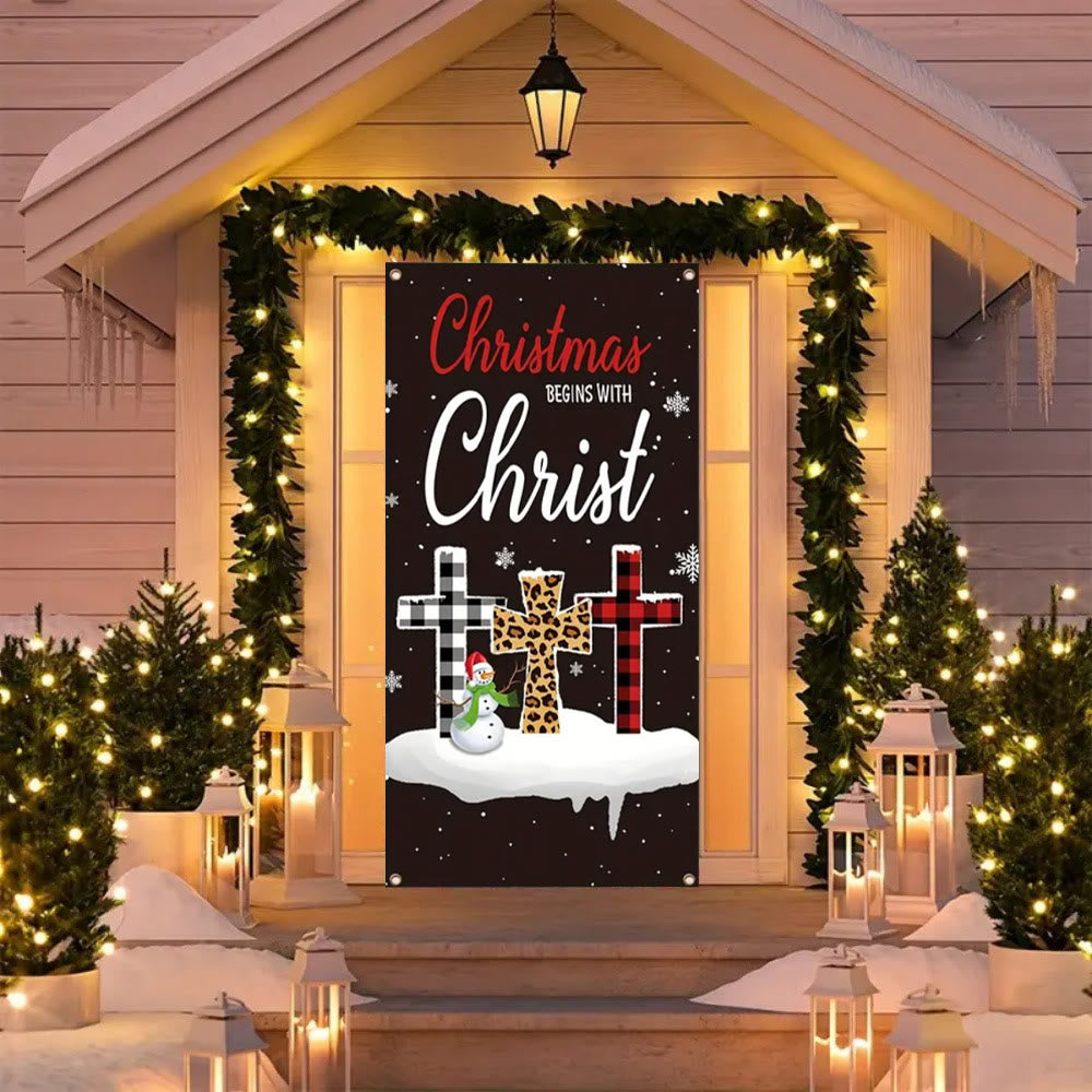 Christianartworkshop Festive Christmas Begins With Christ Door Banner: Plaid/Leopard Cross - image 5