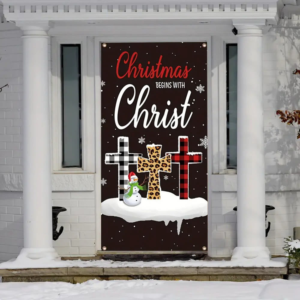 Christianartworkshop Festive Christmas Begins With Christ Door Banner: Plaid/Leopard Cross - image 1