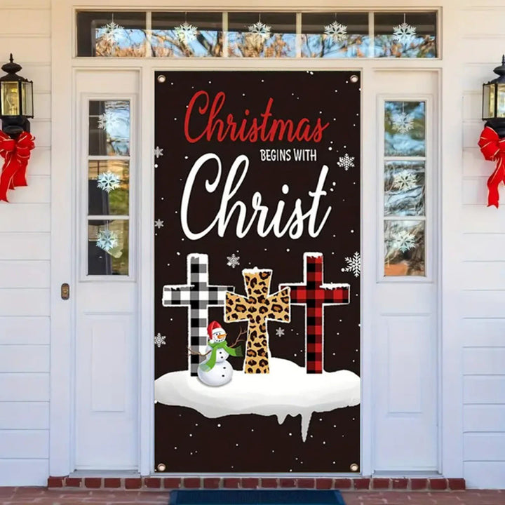 Christianartworkshop Festive Christmas Begins With Christ Door Curtain: Plaid/Leopard Cross - image 3