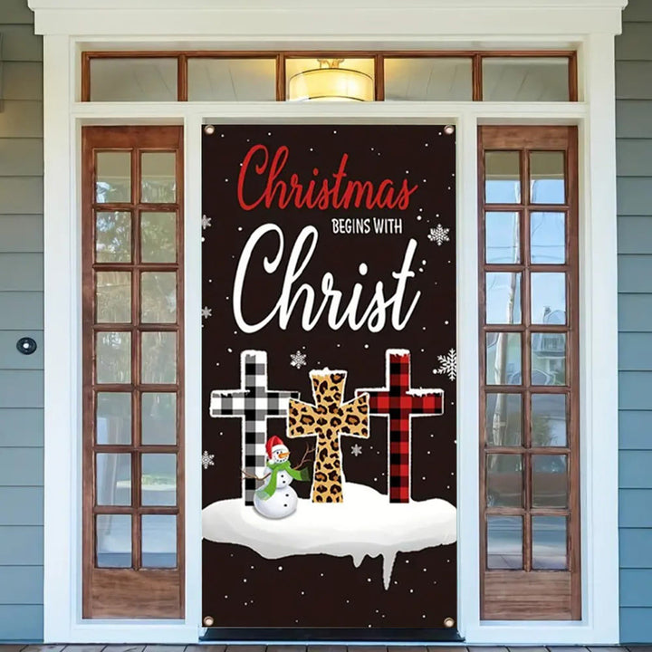 Christianartworkshop Festive Christmas Begins With Christ Door Banner: Plaid/Leopard Cross - image 2