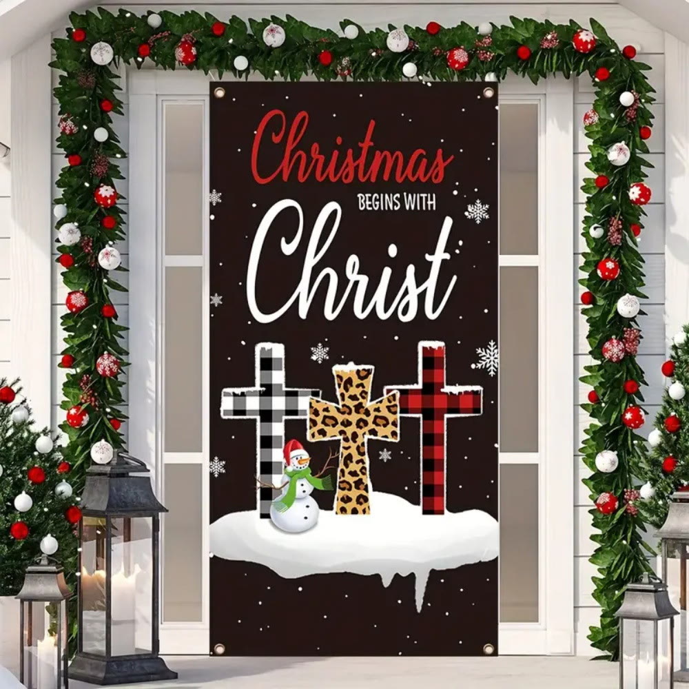 Christianartworkshop Festive Christmas Begins With Christ Door Banner: Plaid/Leopard Cross - 90*180cm - image 0
