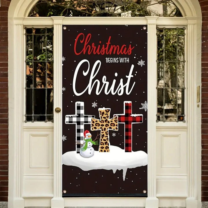 Christianartworkshop Festive Christmas Begins With Christ Door Banner: Plaid/Leopard Cross - image 4