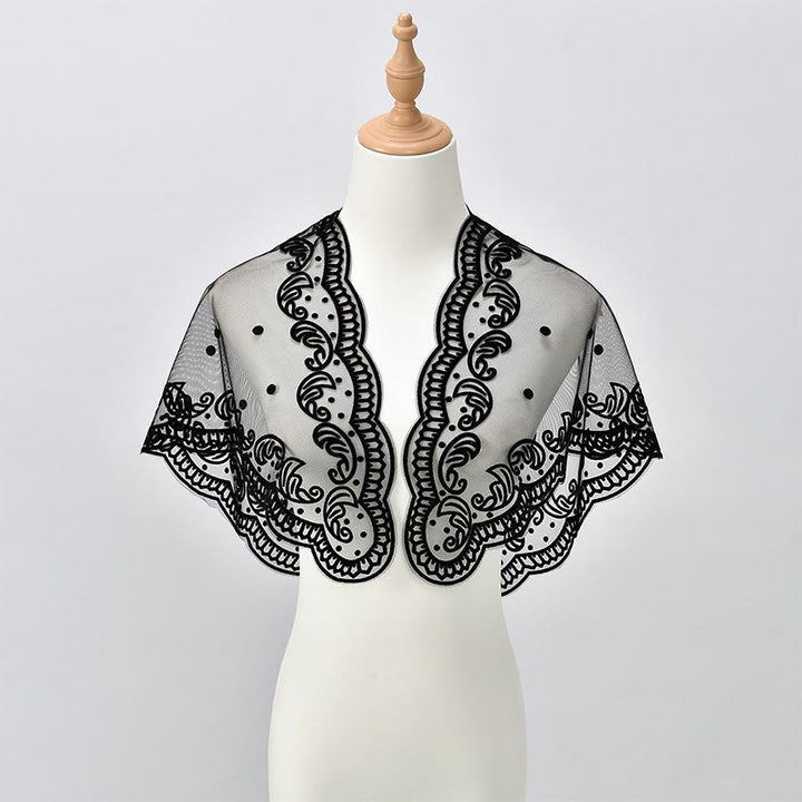 Christianartworkshop Black and White Lace Chapel Veil with Virgin Mary and Jerusalem Embroidery - image 2