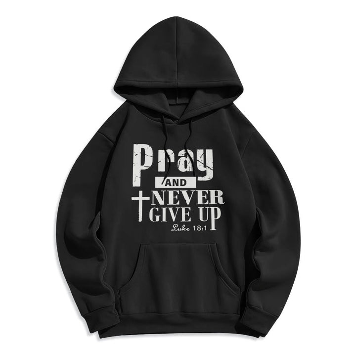 Christianartworkshop Cross & Scripture Pray And Never Give Up Fleece Lined Polyester Hoodie - Black - 2XL - image 5