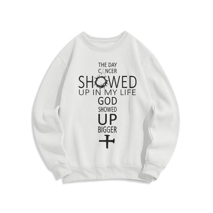 Christianartworkshop Faith - Driven God Showed Up Bigger Cancer Story Fleece Lined Polyester Sweatshirt - White - 2XL - image 2