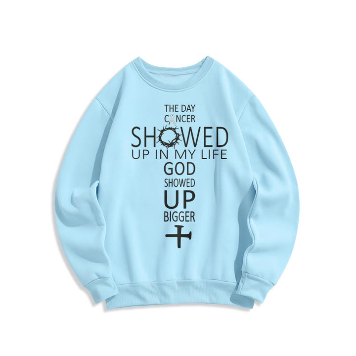 Christianartworkshop Faith - Driven God Showed Up Bigger Cancer Story Fleece Lined Polyester Sweatshirt - Blue - 2XL - image 5