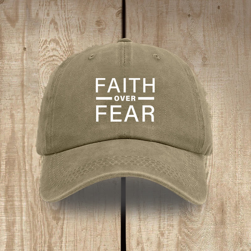 Christianartworkshop Minimalist Bold Statement Faith Over Fear Unisex Distressed Washed Cotton Hat - Khaki - image 0