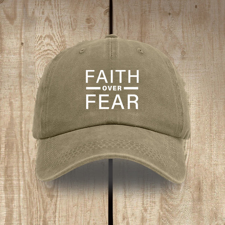 Christianartworkshop Minimalist Bold Statement Faith Over Fear Unisex Distressed Washed Cotton Hat - Khaki - image 0
