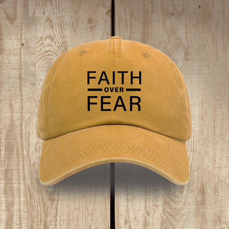 Christianartworkshop Minimalist Bold Statement Faith Over Fear Unisex Distressed Washed Cotton Hat - Yellow - image 16