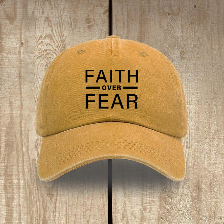 Christianartworkshop Minimalist Bold Statement Faith Over Fear Unisex Distressed Washed Cotton Hat - Yellow - image 16