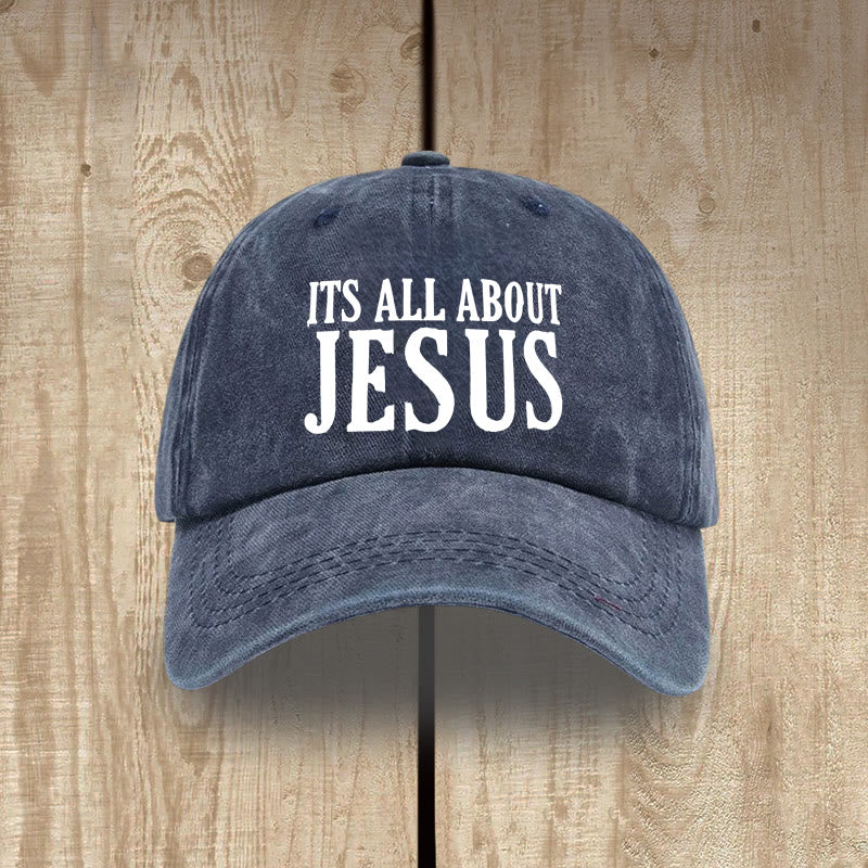Christianartworkshop Heritage Style It's All About Jesus Unisex Distressed Washed Cotton Hat - Navy Blue - image 0