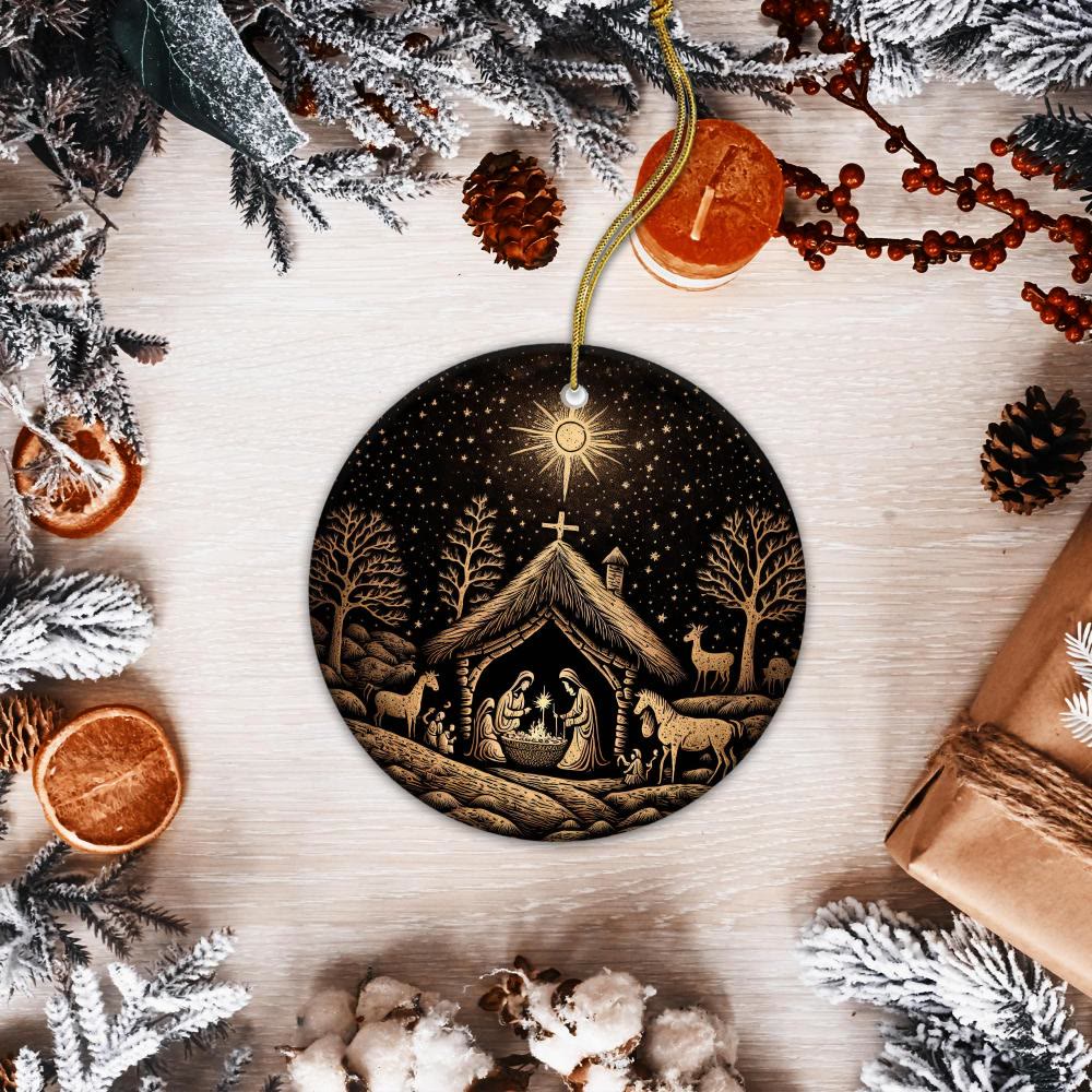 Christianartworkshop Black & Golden Artistic Nativity Scene Christmas Hanging Ornaments - image 2