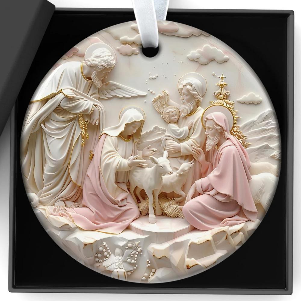 Christianartworkshop Sculptural Nativity Scene with Pastel Tones Hanging Ornaments - image 2