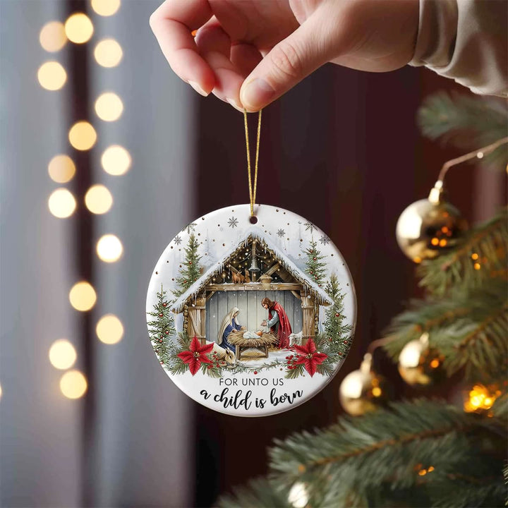 Christianartworkshop For Unto Us a Child is Born Snowy Nativity Hanging Ornaments - image 1
