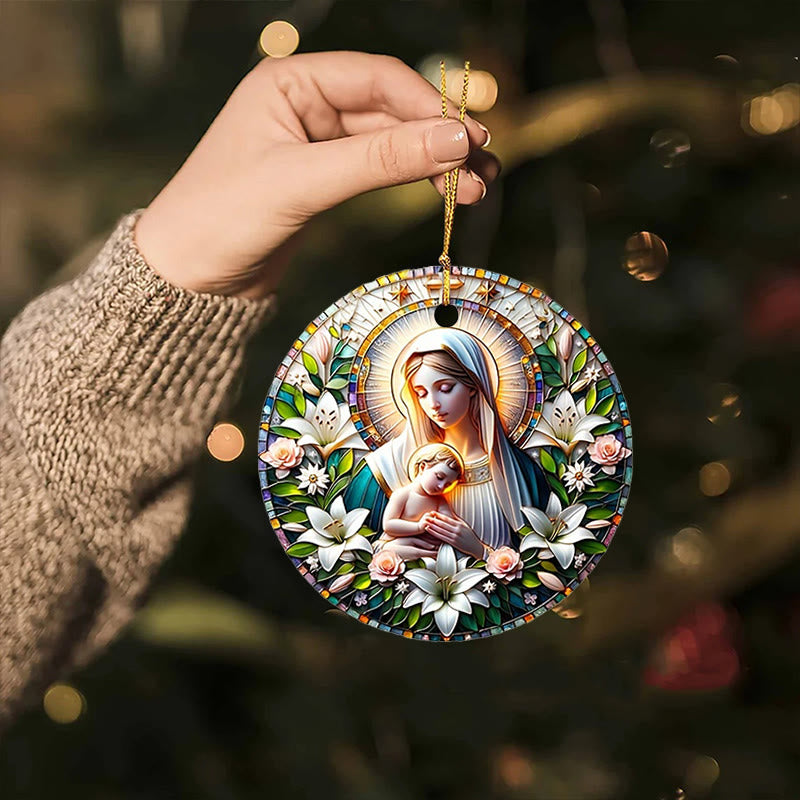 Christianartworkshop Realistic Style Virgin Mary Floral Wreath Star Christmas Hanging Ornaments - image 1