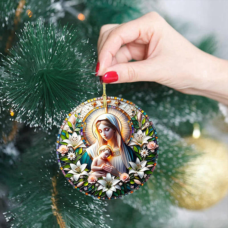 Christianartworkshop Realistic Style Virgin Mary Floral Wreath Star Christmas Hanging Ornaments - image 3