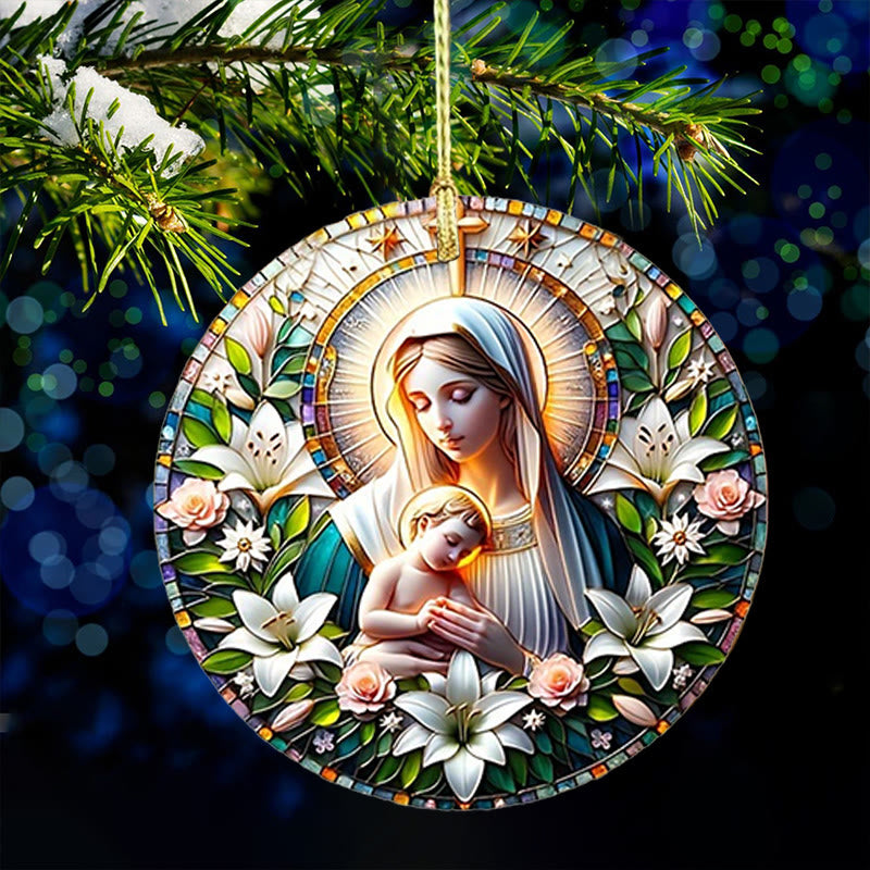 Christianartworkshop Realistic Style Virgin Mary Floral Wreath Star Christmas Hanging Ornaments - Ceramics - image 0