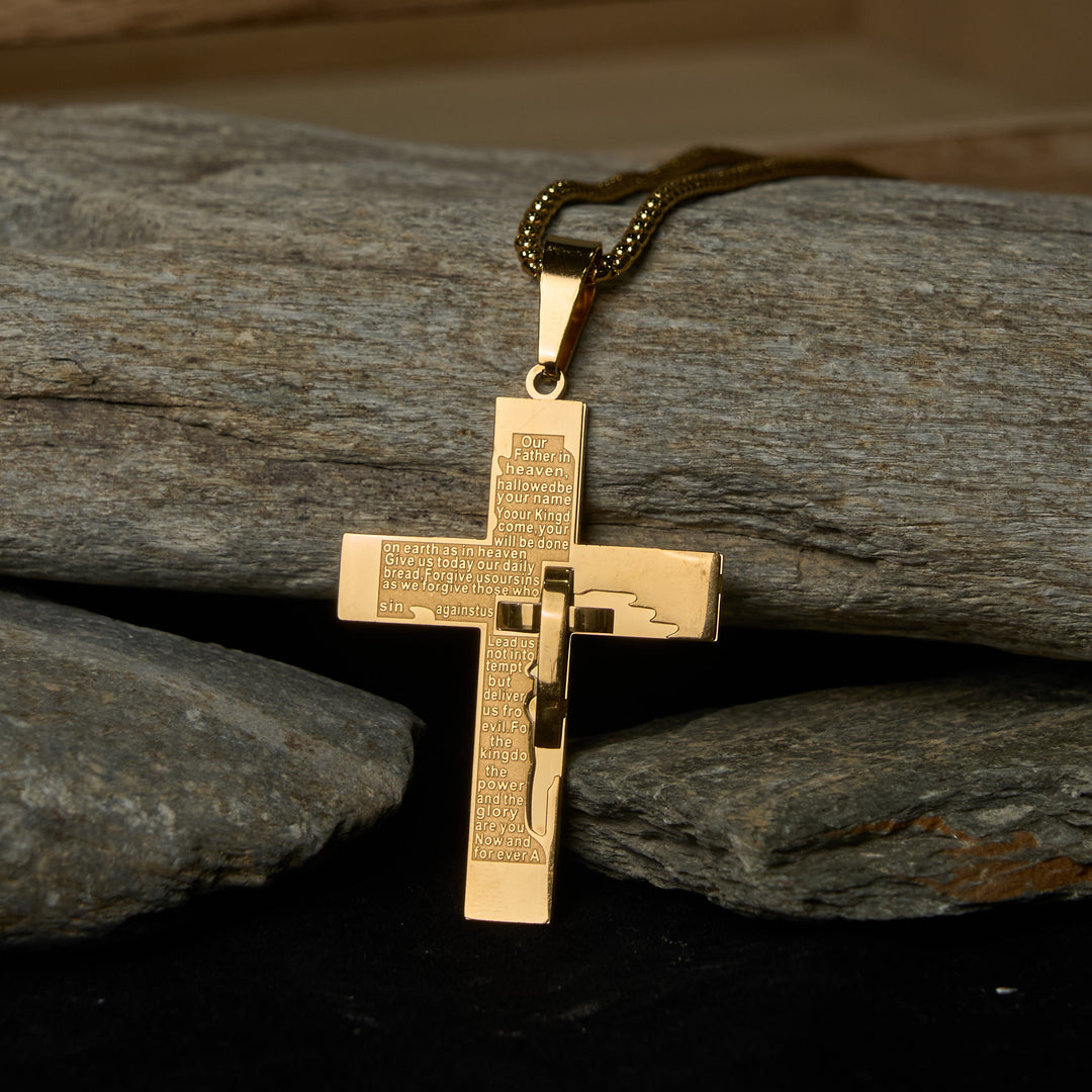 Christianartworkshop Dual-Color Metallic Luster Lord's Prayer Cross Necklace with Scripture - Golden - image 0