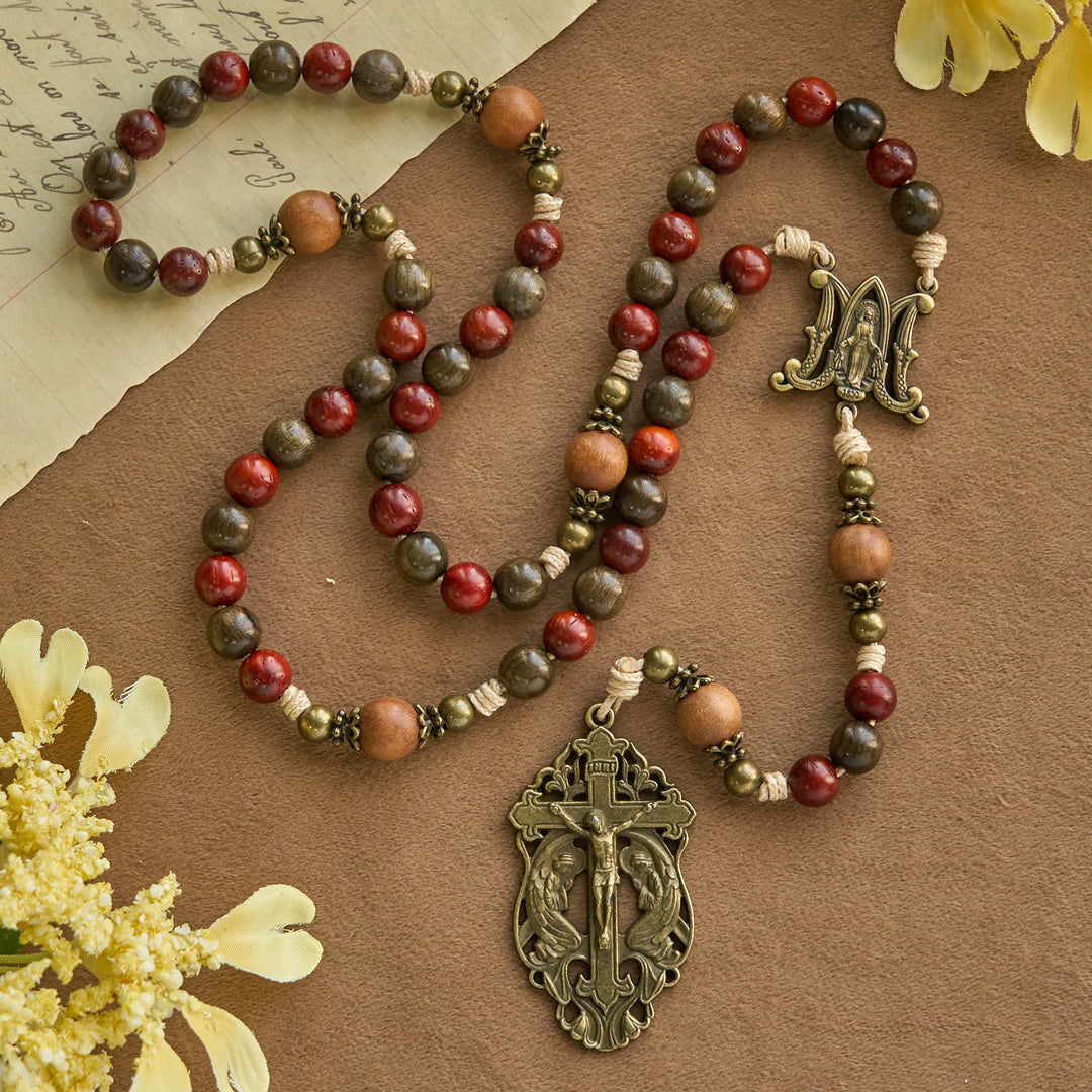 Christianartworkshop Traditoinal Christmas-Style Wooden Rosary: Earthy Beads & Bronze Crucifix - Traditional Christmas-Themed Rosary - image 0