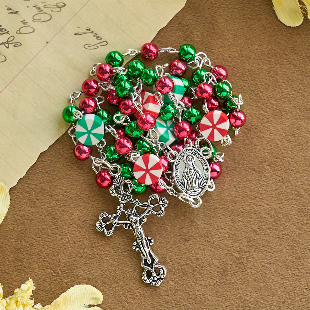 Christianartworkshop Christmas Gift: Festive Christmas Rosary: Red - Green Beads, Candy Shapes & Crucifix - image 5