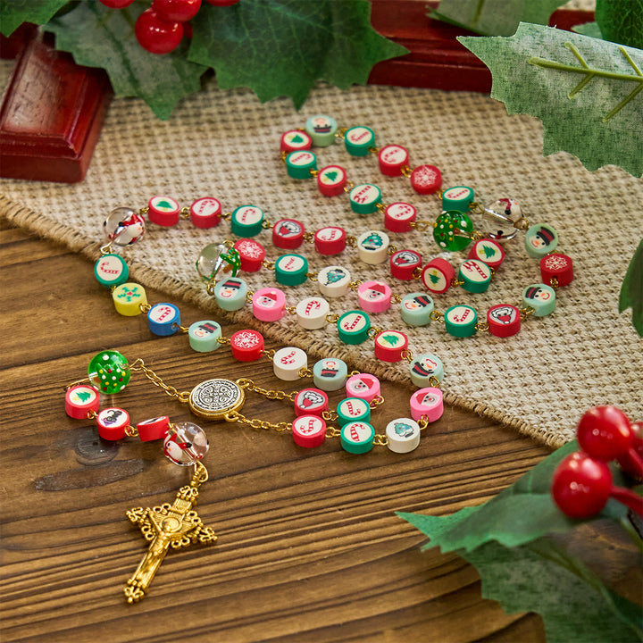 Christianartworkshop Whimsical Christmas Rosary: Multi - Colored Beads with Snowman & Tree Motifs - Multicolor Christmas Rosary - image 0