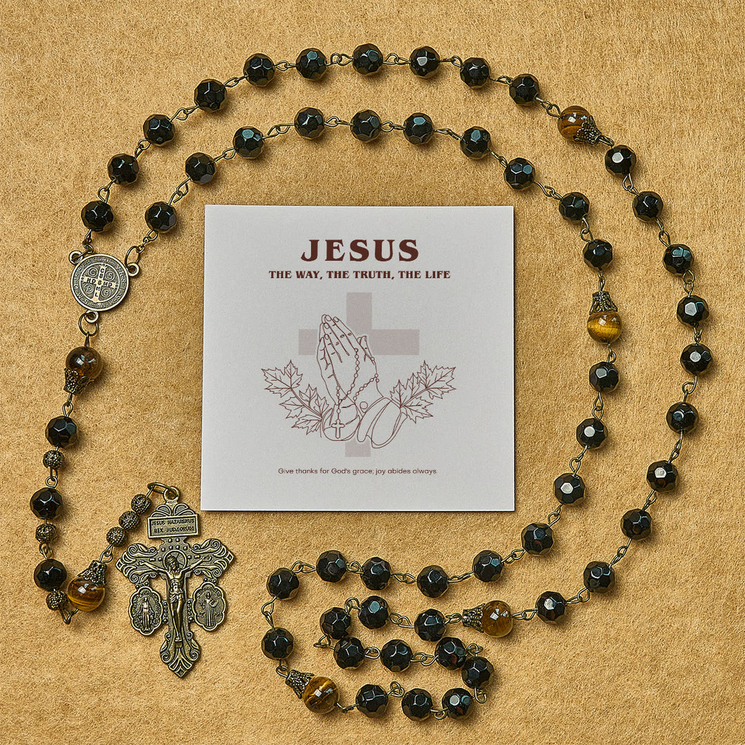 Christianartworkshop Thanksgiving Gift: Obsidian & Tiger Eye Rosary | With The Power Of Natural Stone, Honor God's Protection - Rosary with Gift Card - image 0