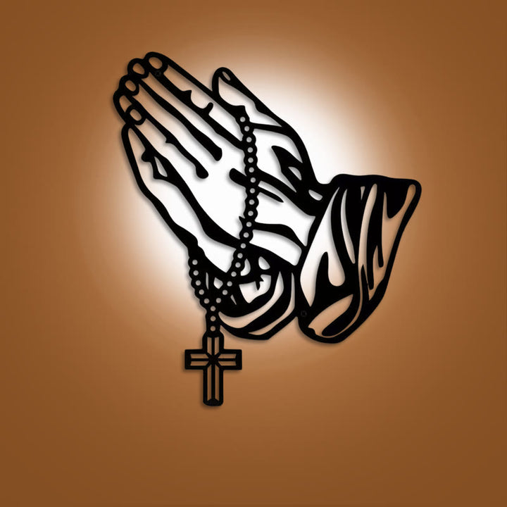 Christianartworkshop Classic Praying Hands with Rosary Cross Black Metal Wall Decor - Black - 13.65''*15.75''/34.66*40cm - image 0