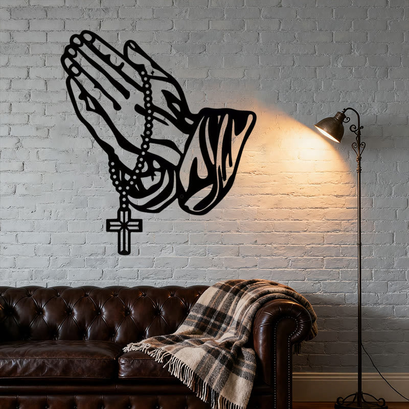 Christianartworkshop Classic Praying Hands with Rosary Cross Black Metal Wall Decor - image 4