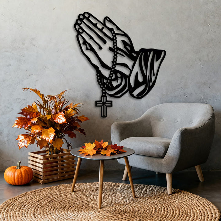 Christianartworkshop Classic Praying Hands with Rosary Cross Black Metal Wall Decor - image 3