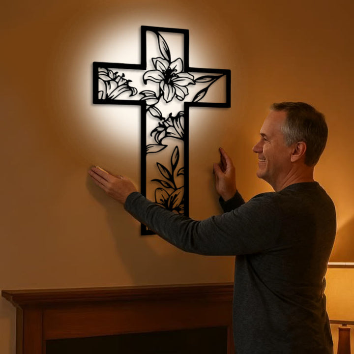 Christianartworkshop Classic Lily Floral Cross Black Metal Wall Decor - image 1