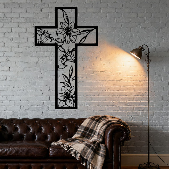 Christianartworkshop Classic Lily Floral Cross Black Metal Wall Decor - image 4