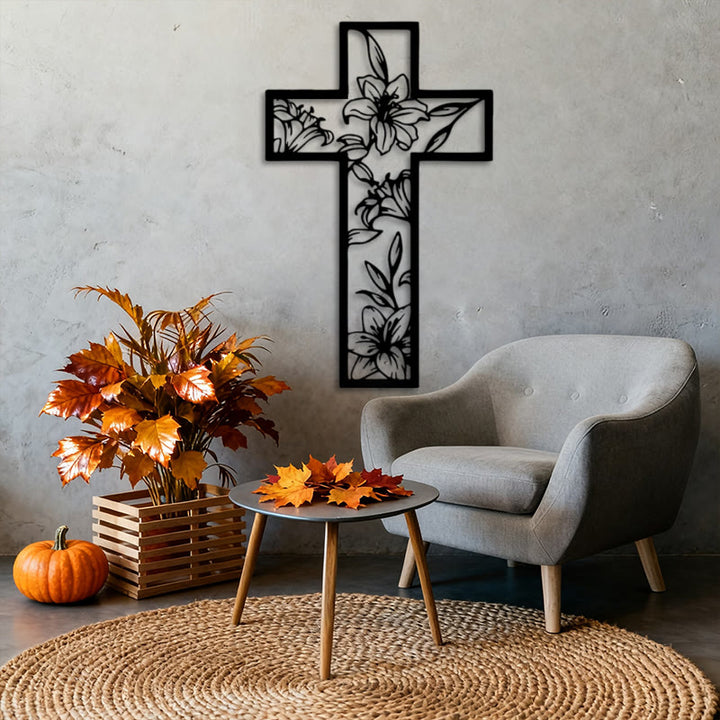 Christianartworkshop Classic Lily Floral Cross Black Metal Wall Decor - image 3