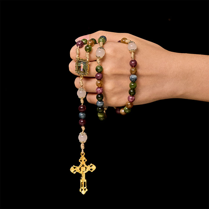 Christianartworkshop Colorful Tourmaline Beads Rosary with Square Divine Mercy and Golden Crucifix - image 3