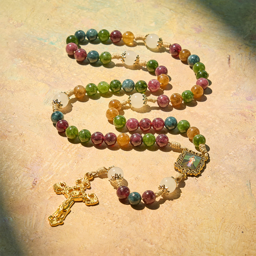 Christianartworkshop Colorful Tourmaline Beads Rosary with Square Divine Mercy and Golden Crucifix - image 2