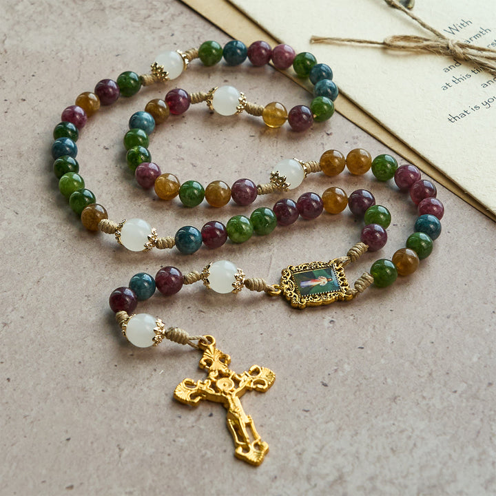 Christianartworkshop Colorful Tourmaline Beads Rosary with Square Divine Mercy and Golden Crucifix - image 12