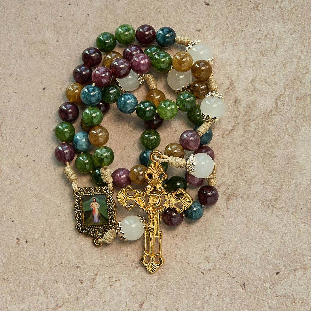 Christianartworkshop Colorful Tourmaline Beads Rosary with Square Divine Mercy and Golden Crucifix - image 4