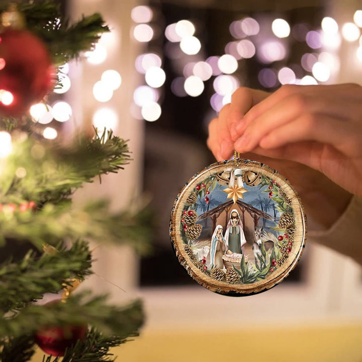 Christianartworkshop Rustic Style Nativity Scene with Bells & Star Hanging Ornaments - image 1