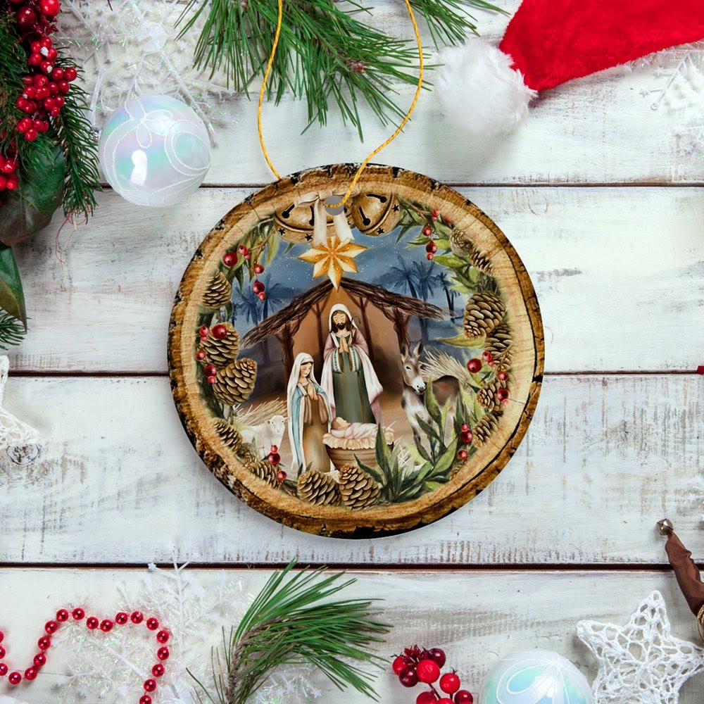 Christianartworkshop Rustic Style Nativity Scene with Bells & Star Hanging Ornaments - image 4