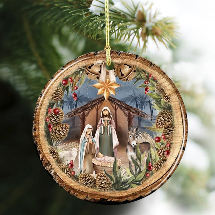 Christianartworkshop Rustic Style Nativity Scene with Bells & Star Hanging Ornaments - Ceramics - image 0