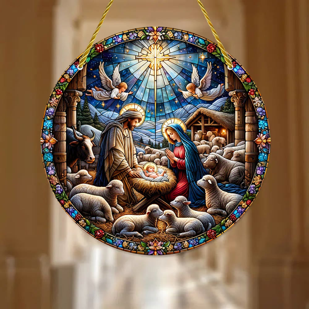 Christianartworkshop Contemporary Colored Nativity Scene with Sheep Stained Hanging Ornaments - 7.87''/20cm - image 0