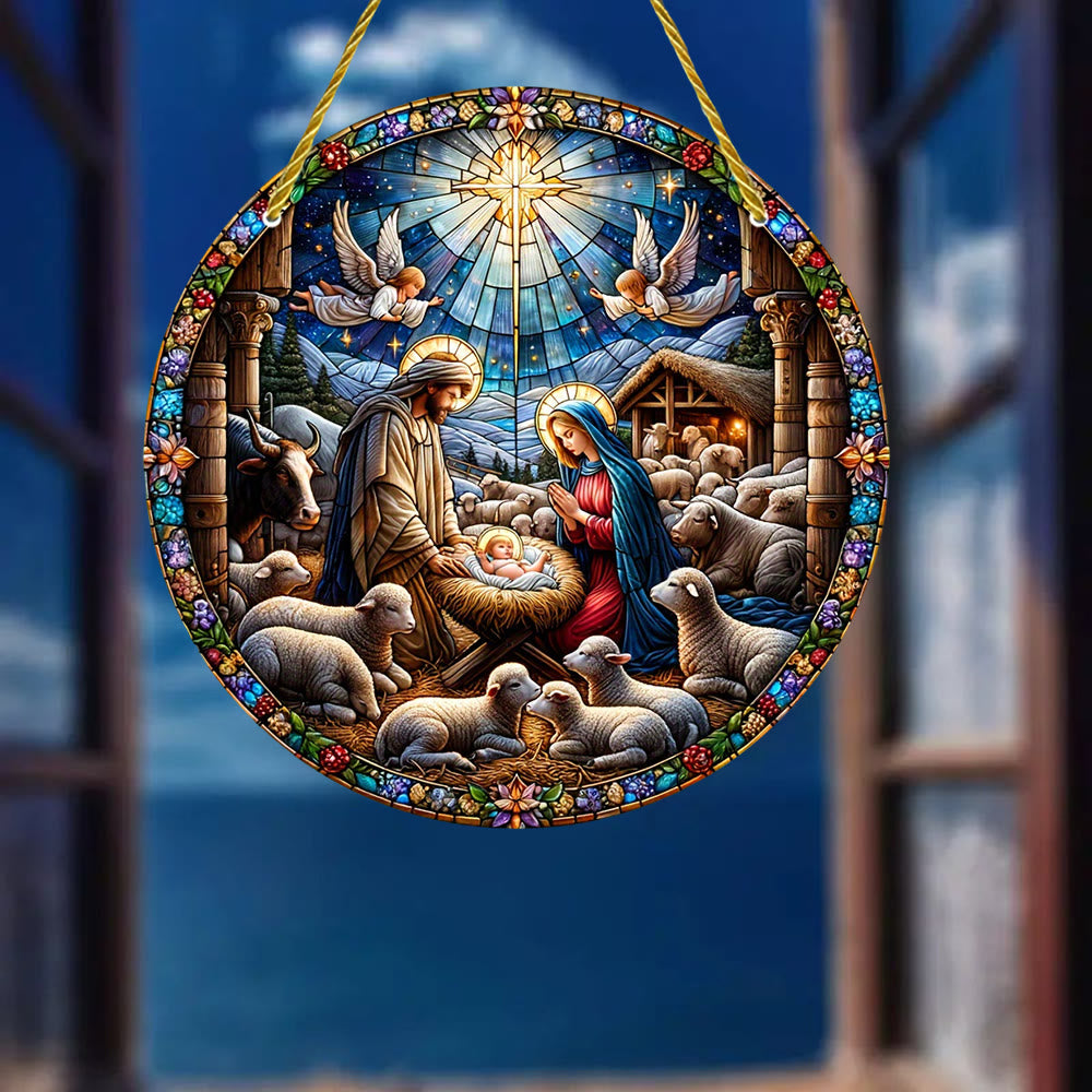 Christianartworkshop Contemporary Colored Nativity Scene with Sheep Stained Hanging Ornaments - image 1
